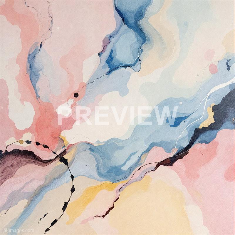 The image features an abstract watercolor painting with flowing, irregular shapes and soft blending colors. The palette includes shades of pink, blue, beige, and black, with fine lines and blotches creating a sense of movement and depth across the textured paper background. The composition appears dynamic and harmonious, emphasizing fluidity and organic forms.